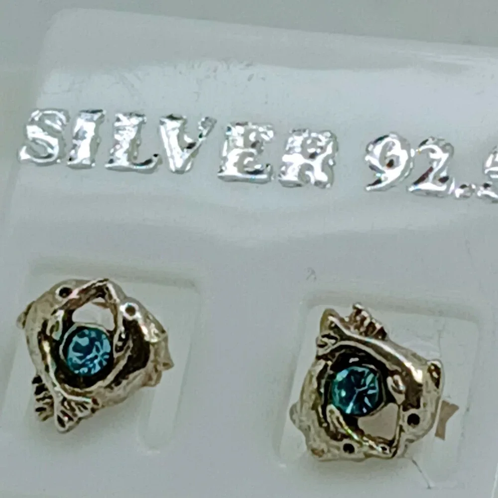Sterling Silver 925 Dolphin Stud‎ Earrings Blue Crystal Nautical Vintage Jewelry
